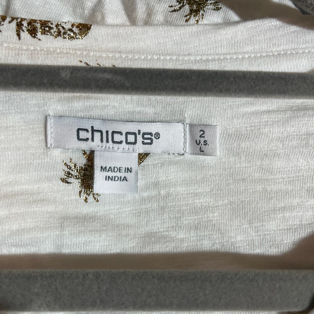 Chico's Top Womens Size 2 US Large White Metallic Foil Pineapple Flutter Sleeves - Picture 7 of 9